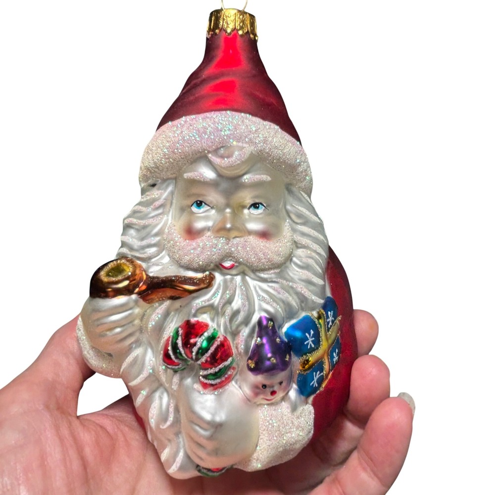 VTG Santa Claus Blown Glass Ornament Red Silver Pipe Gift Glitter 6 Inch